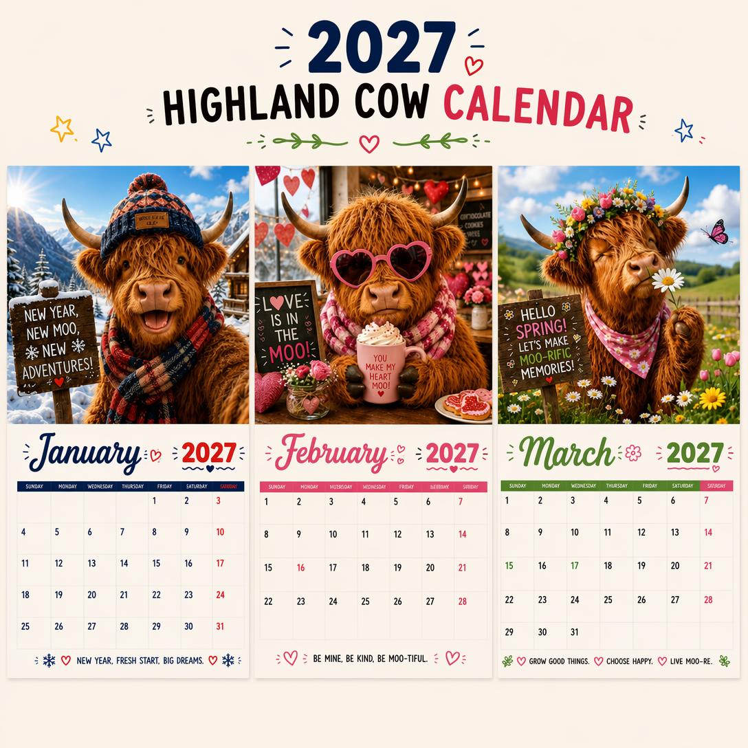 ๐ฅ2027 Funny Highland Cow Wall Calendar | A4 Hanging Calendar