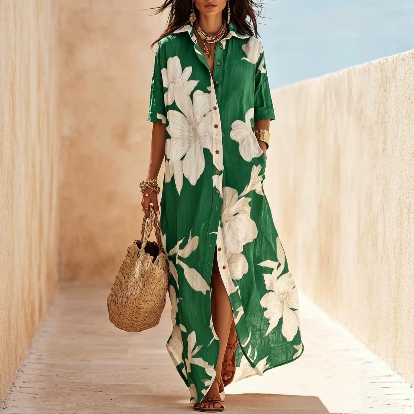 ✨✨White Floral Print Vacation Maxi Shirt Dress