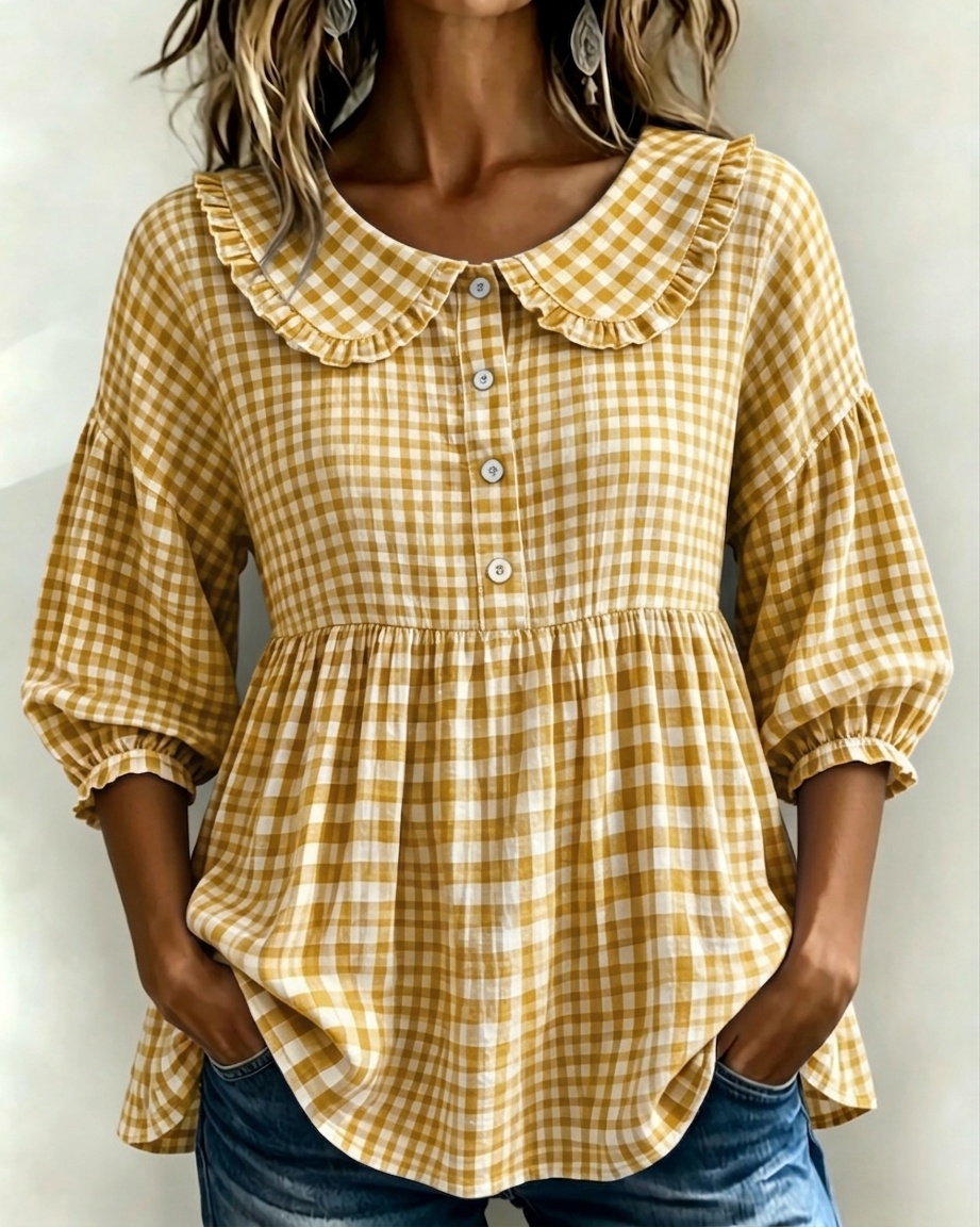 ✨New Arrivals🔥Women's Gingham Puff Sleeve Peplum Blouse