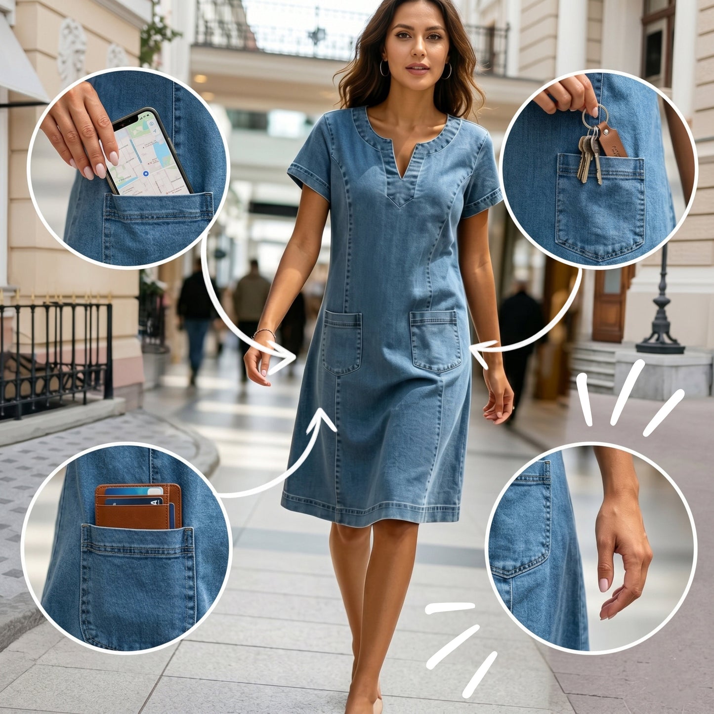🌿🌿Women'S V-Neck Pleated Pocket Short-Sleeved Denim Dress
