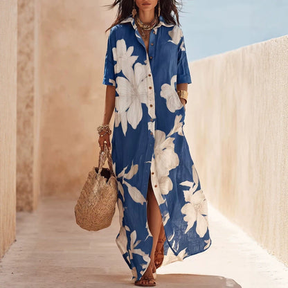 ✨✨White Floral Print Vacation Maxi Shirt Dress