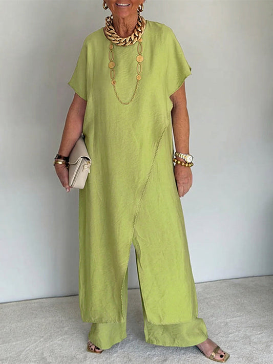 Two Piece Knit Lounge Set with Asymmetrical Hem – Cozy Casual Matching Set for Women