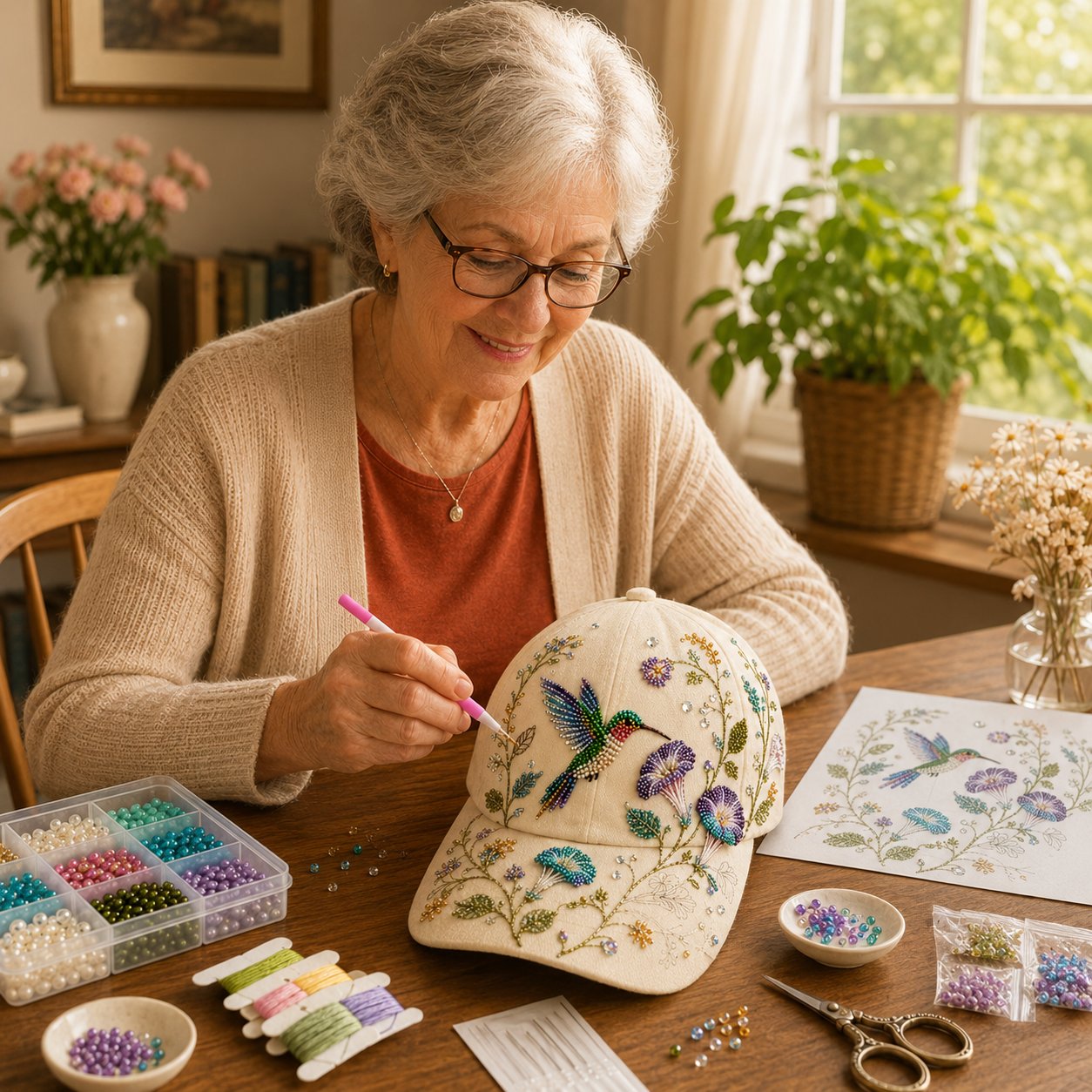 🐦🌸 Premium Hummingbird Garden Beaded Hat DIY Kit | DIY Handmade Floral Cap Decor 🌿🪡✨