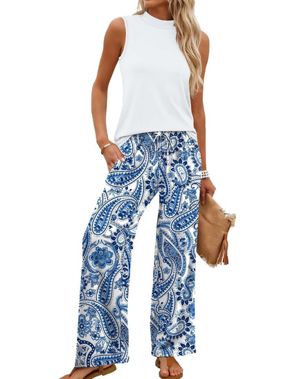 🌿🌿Limited time sale🔥Women's Mock Neck Tank & Printed Wide Leg Pants Set