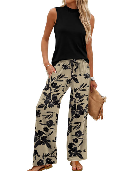 🌿🌿Limited time sale🔥Women's Mock Neck Tank & Printed Wide Leg Pants Set