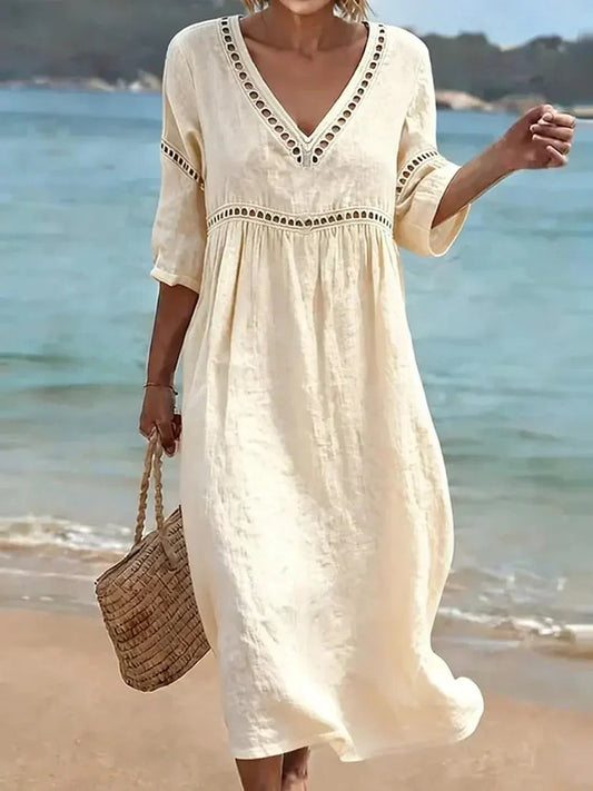 🌿🌿Women's Solid Color Retro Casual Stylish Vacation Cotton Dress