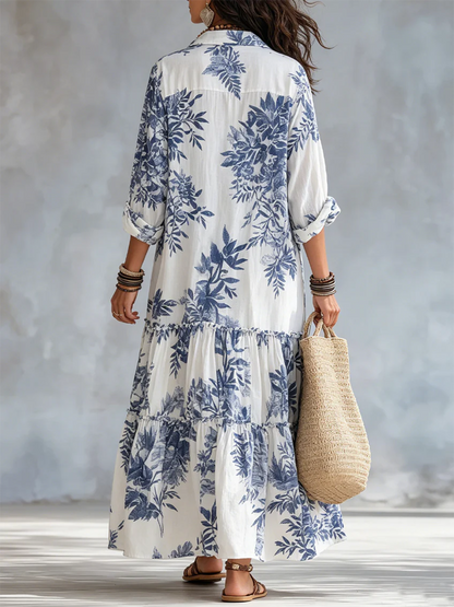 ✨Retro Boho Blue Floral Print Cotton Dress✨