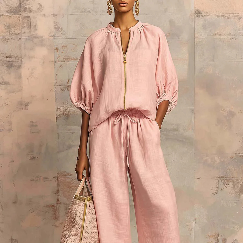 🌿🌿Women's Solid 2-Piece Tracksuit Set with Puff Sleeves & Wide-Leg Pants
