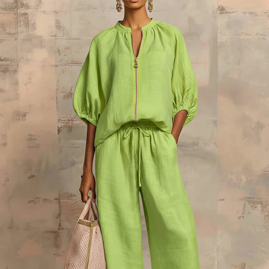 🌿🌿Women's Solid 2-Piece Tracksuit Set with Puff Sleeves & Wide-Leg Pants