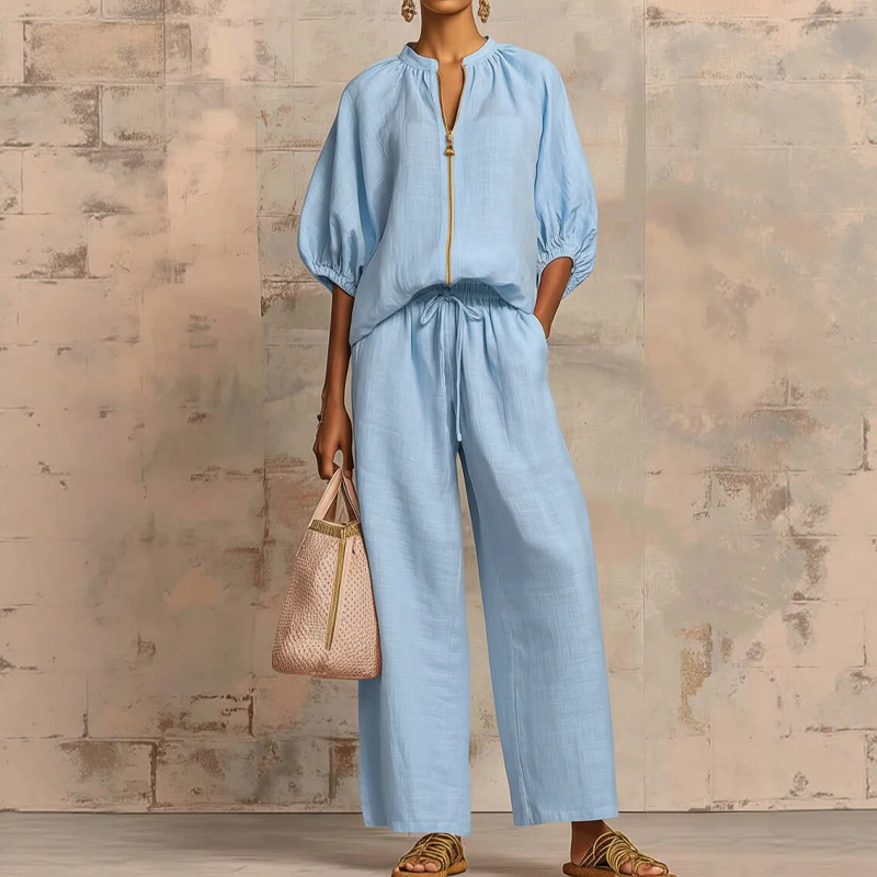 🌿🌿Women's Solid 2-Piece Tracksuit Set with Puff Sleeves & Wide-Leg Pants